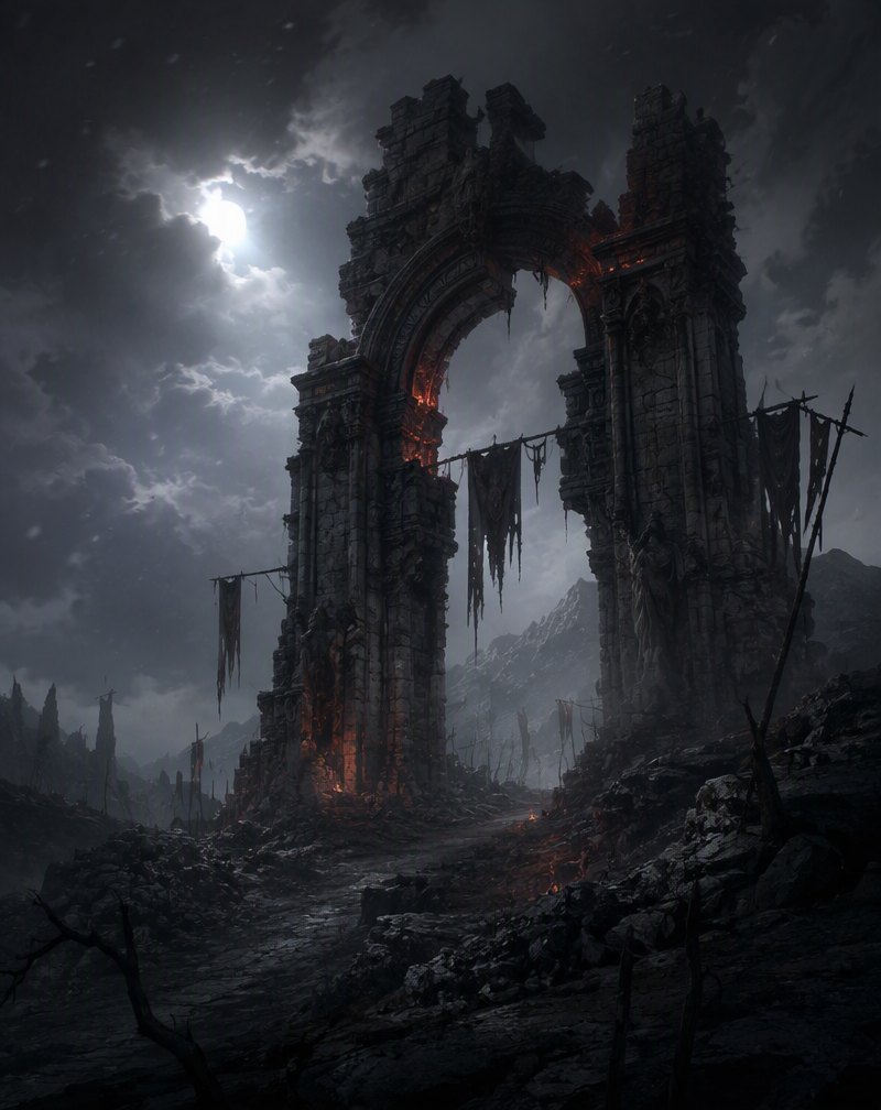 The Fallen Gate — a colossal ruined gate in a wasteland of ash