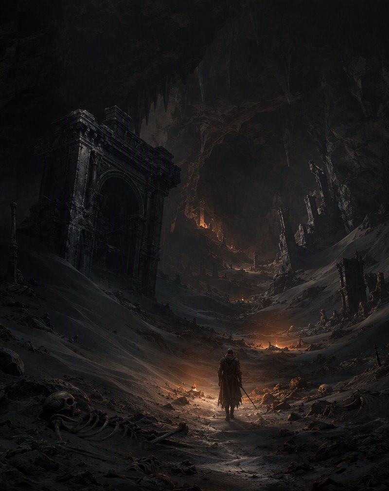 The Ashen Depths — buried caverns of grey ash and ruins