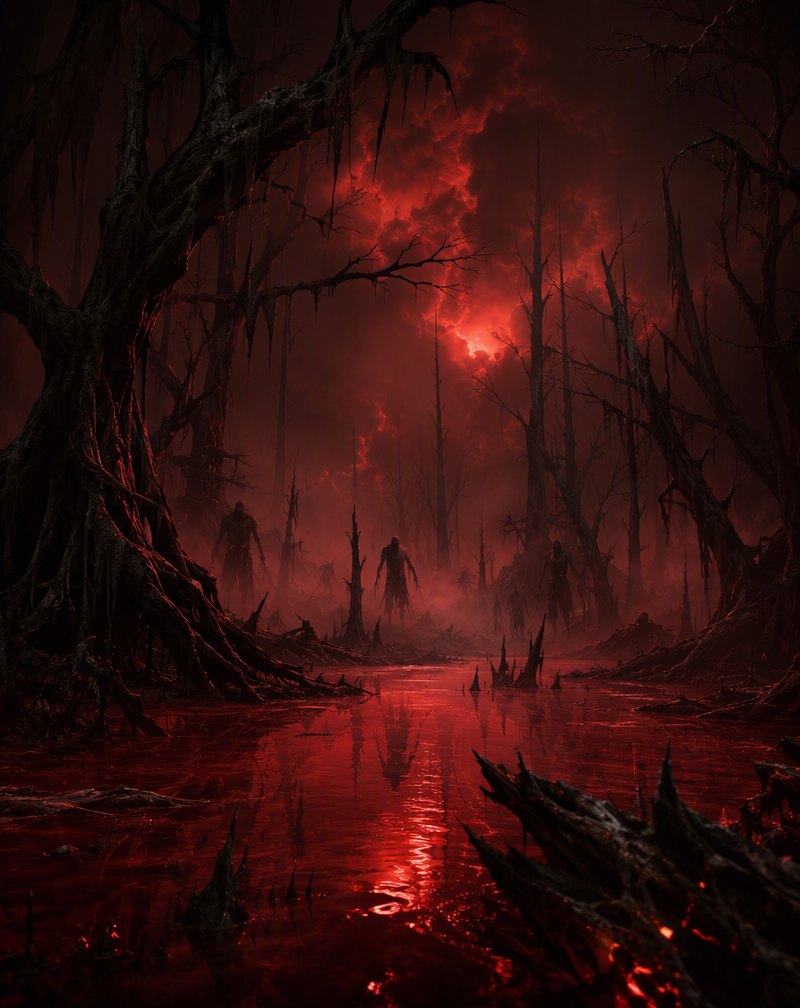 The Blood Marsh — a crimson swamp of dead trees and red mist