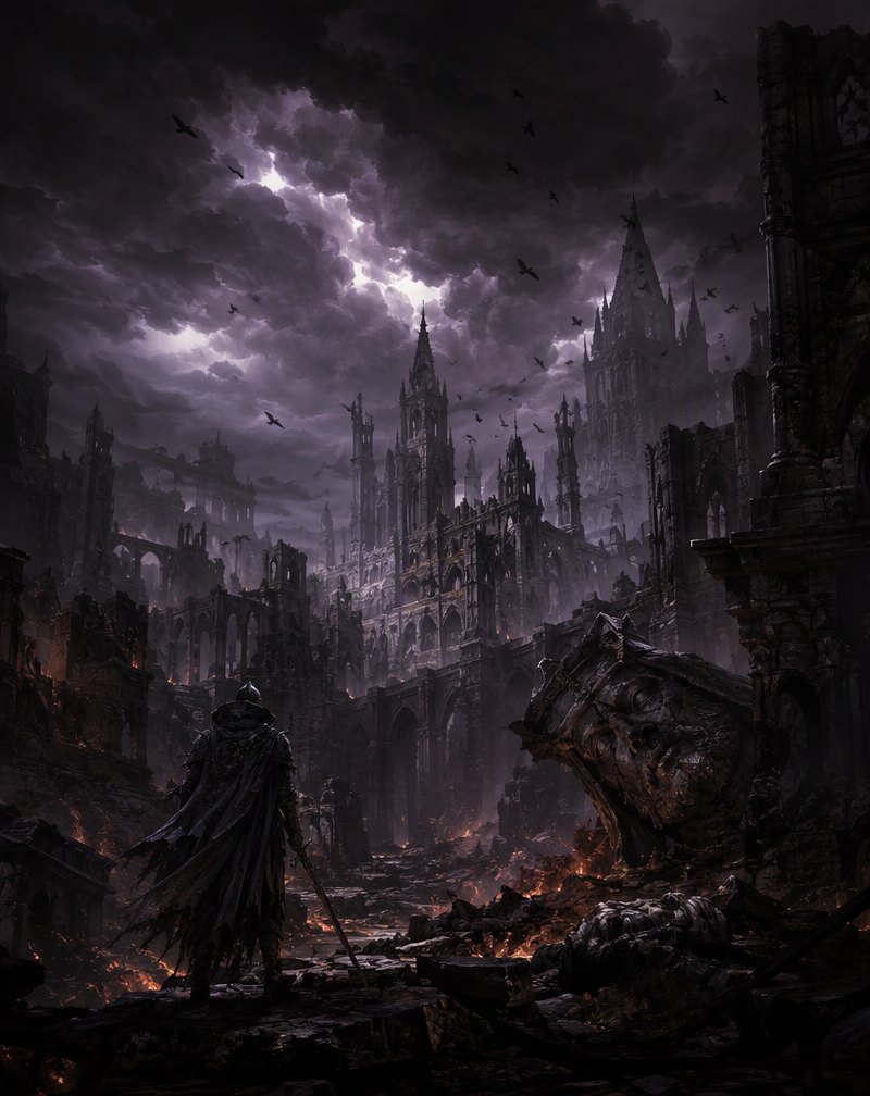 The Cursed Kingdom — ruined gothic castles under a black storm sky