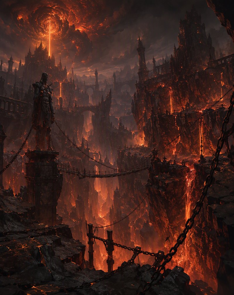The Burning Abyss — rivers of lava and chained bridges over fire