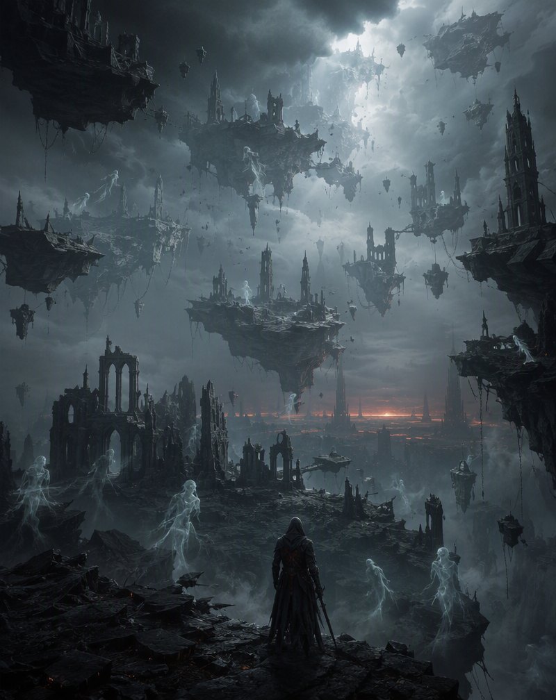 The Forsaken Realm — floating ruins in a silent grey void