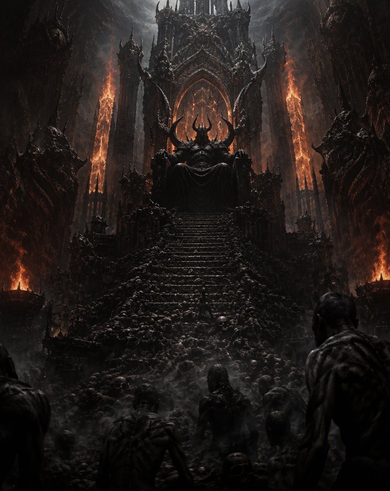 The Throne of Hell — a colossal demonic throne in an infernal cathedral